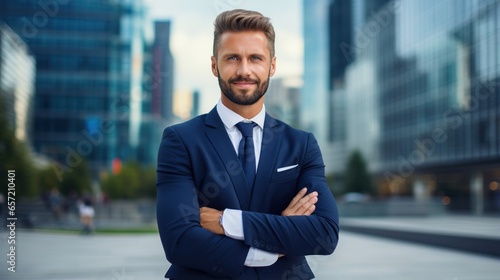Successful businessman with arms crossed in front of skyscraper