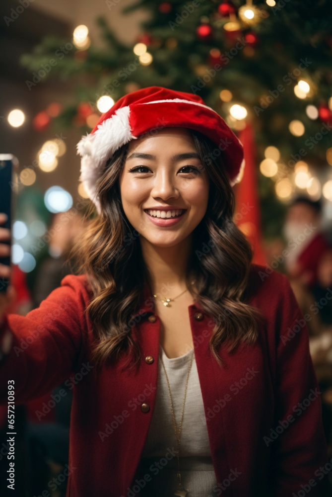 young asian woman taking selfie at home celebrating christmas young asian woman taking selfie at home celebrating christmas
