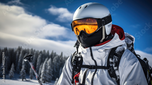 Portrait of a male skier in helmet and winter clothes on the background of snow-covered mountain slope