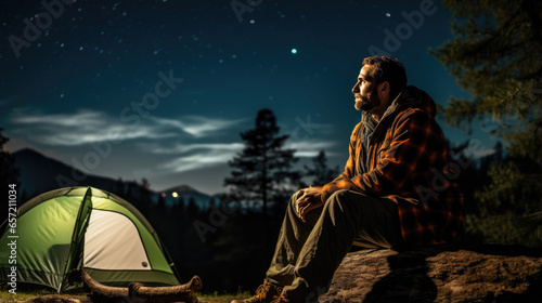Male camper looks up at the night sky and stars next to his tent in nature © MP Studio