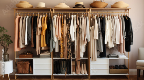 an open closet with clothes hanging up