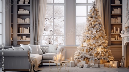 Christmas living room interior with Christmas tree and presents. White and gold  Christmas holidays