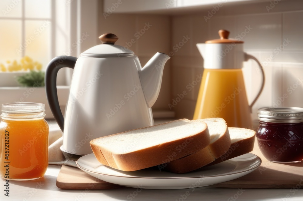 Sliced bread with butter and jam on a plate next to a kettle and jug in bright sunny kitchen, early morning, kitchen table, good start of day Sliced bread with butter and jam on a plate next to a kettle and jug in bright sunny kitchen, early morning, kitchen table, good start of day