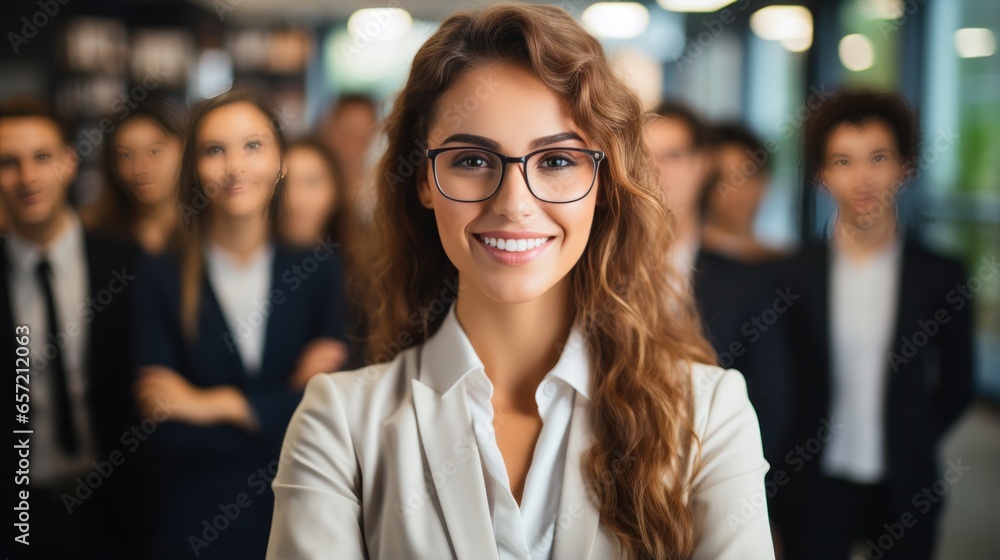 Fototapeta premium Confident businesswoman standing in front of her team