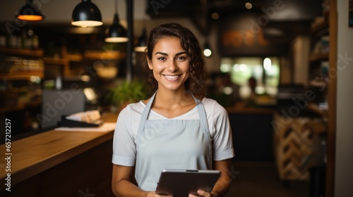 Smiling female entrepreneur holding tablet in her coffee