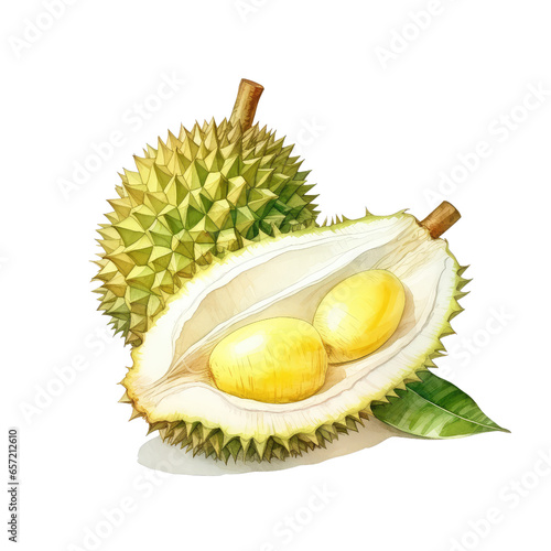 Watercolor durian hand drawn vector illustration, yellow isolated on white background