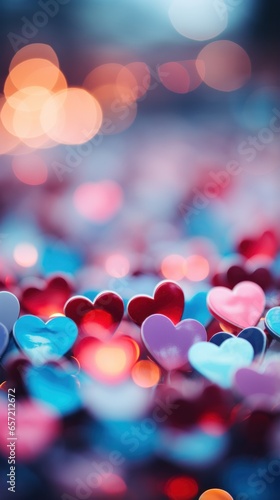 Blurred Valentines Day hearts in vibrant colors