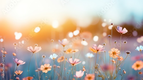 Soft focus flowers in meadow with bokeh effect