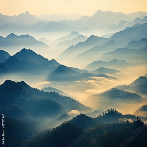 Hazy mountains seen through wispy clouds