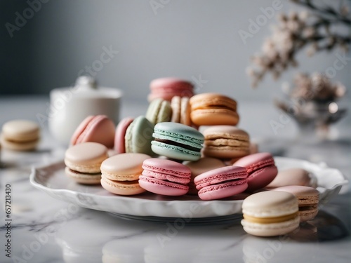 Delicious Macarons in the plate at marble kitchen with decoration