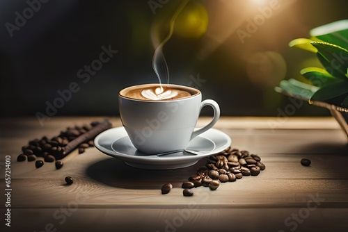 A cup of steaming coffee and coffee seeds on a table