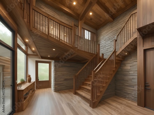 A grand wooden staircase winds its way up to the second floor, its smooth, polished steps inviting you to climb. The stone cladding wall adds a touch of rustic charm to the cozy hallway