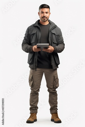 Full body shot of IT technician holding tablet posing on white background