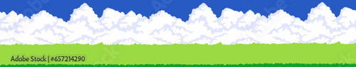 grass and cloud sky in pixel art, landscape illustration of green grass and clouds on a blue sky in pixel art, tile mode background of green grass and cloud sky in pixel art.