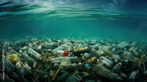 photo under the sea with a pile of plastic garbage