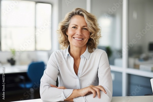 Portrait of a mature businesswoman seated at her desk, wearing a smile