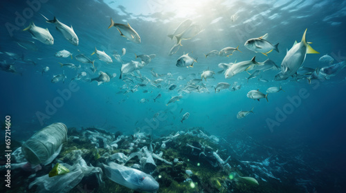 photo under the sea with a pile of plastic garbage and fishes swimming