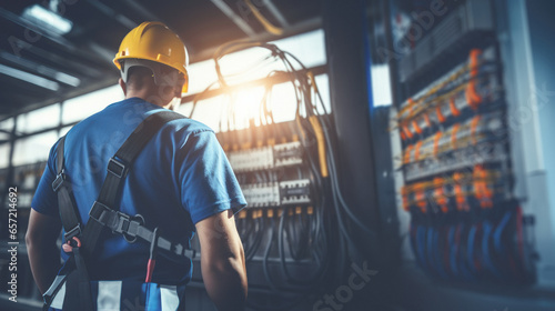 A skilled professional electrician repairing electrical panels and demonstrating their skill and knowledge in an industrial electrical work environment.copy space photo