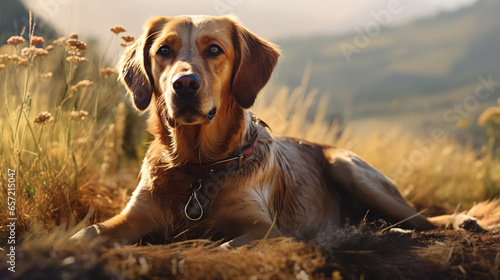 A golden retriever is resting on the grass near the base of mountains.