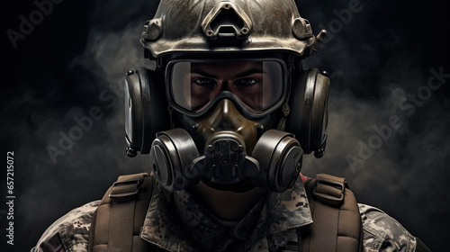 A soldier wearing a gas mask and helmet stands amidst fog against a dark background.