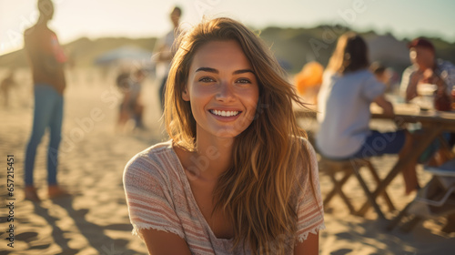 Portrait of a woman on the beach against the background of vacationing people