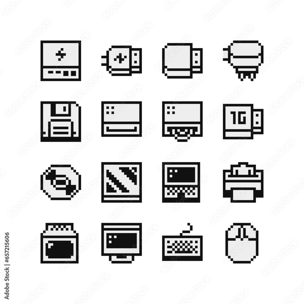 Computer parts old school set of devices retro 80s pixel art flat style icon, flash card, floppy, CD disk, keyboard, monitor, printer, adapter, charger. Game assets 1-bit sprite, sticker, app. Computer parts old school set of devices retro 80s pixel art flat style icon, flash card, floppy, CD disk, keyboard, monitor, printer, adapter, charger. Game assets 1-bit sprite, sticker, app.