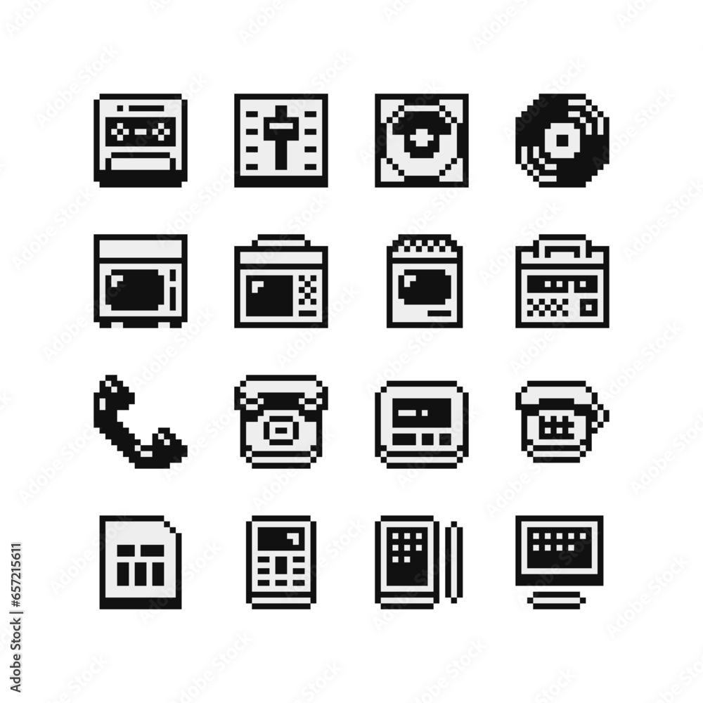 Retro devices pixel art icon old set school 80s flat style, radio, CD player, TV, radio, handset, tablet, speaker. Game assets 1-bit sprite, sticker, mobile app and logo. Isolated vector illustration.