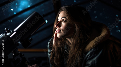 Astronomer looks at the night sky through a telescope