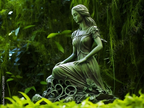 The Gentle Maiden of Virgo: Serene Expression Against Lush Green – Ideal for Astrological Artwork, Zodiac Sign Descriptions, and Spiritual Guides