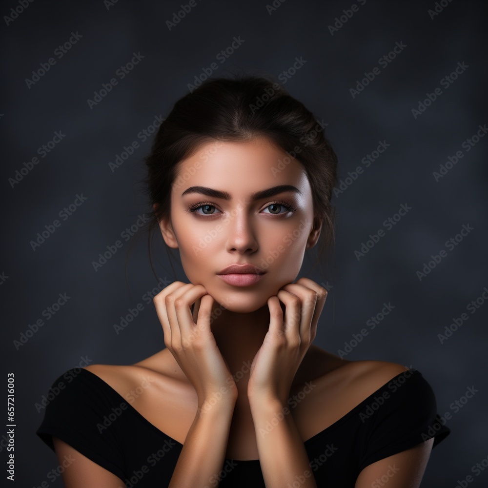 Portrait of young beauty model woman with natural make up and two hands touching her face on plain background Portrait of young beauty model woman with natural make up and two hands touching her face on plain background