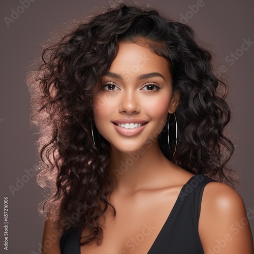 Portrait of young beauty model woman looking at camera and smiling with natural make up, curly hair and wearing earrings on plain background