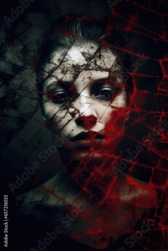 cracked glass reflecting a sad face. abstract image of a woman portrait. female emotions. surreal. Depression, Broken Heart, Sadness, Bully, Cracked, Shattered, Cry, Emotional Pain, Isolation.