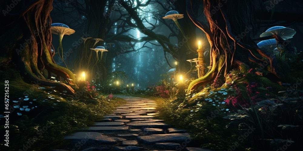 enchanted path through magical forest cinematic 4k