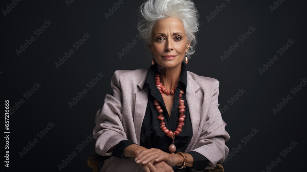 Fototapeta premium Stylish elderly woman on dark background.