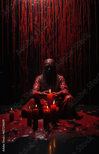 blood soaked figure seated on a pool of blood. dripping blood on the dark walls. lit red candles. voodoo and sorcery. Wickedness, Emanations, Corpse, Coven, Maleficent photo