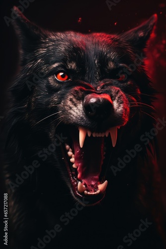 angry growling evil looking black werewolf, wolf, lycan, lycanthrope. folkloric fantasy creature. glowing red eyes. sharp teeth, fangs, canine. 