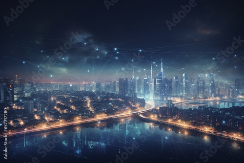 Cityscape and high-rise buildings at night. The concept of modern technologies.