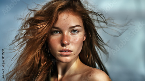 portrait d'une jeune femme rousse auburn aux cheveux long dans le vent, regard intense et profond