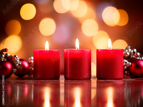 Christmas decoration with burning candles and bokeh lights on background.