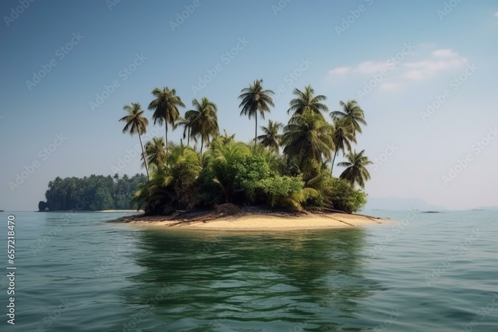 Isolated palm trees on a tiny sea island. Generative AI