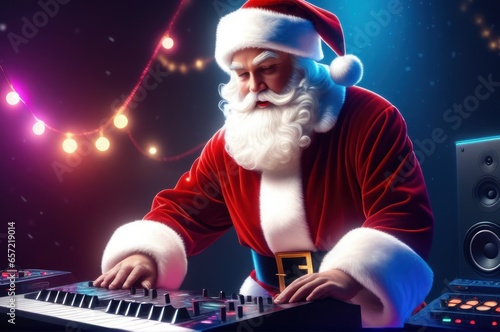 Santa Claus playing on analog synthesizer, synthwave style. Santa with digital piano on festive background. Christmas party music