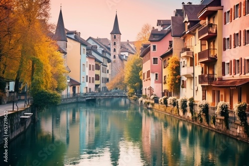 A stunning view of a picturesque town along a beautiful waterway. Generative AI