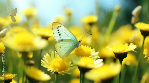 Cheerful buoyant spring background of yellow santolina flowers and butterflies in meadow in nature on bright sunny day. © Swaroop