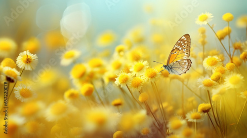Cheerful buoyant spring background of yellow santolina flowers and butterflies in meadow in nature on bright sunny day. © Swaroop