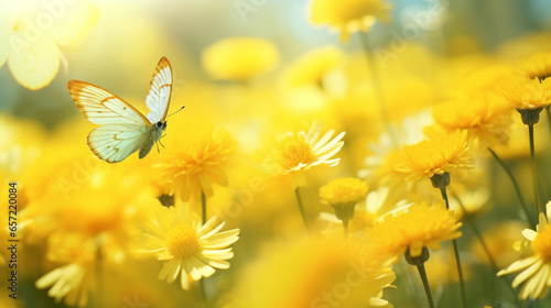 Cheerful buoyant spring background of yellow santolina flowers and butterflies in meadow in nature on bright sunny day.