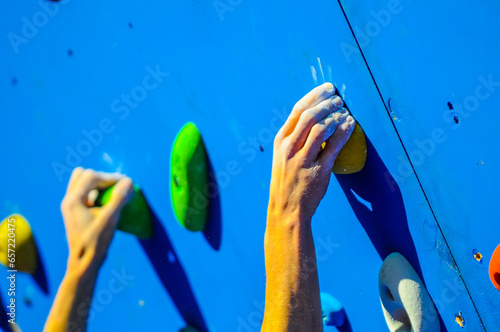 The hands of a climber showed in detail as they take part in a competition in an artificial wall in Valaldolid, Spain