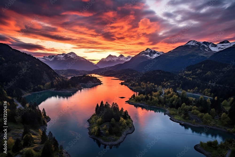 A beautiful lake in the middle of the forest and mountains against the background of the sunset sky. View from above. Beautiful nature. Natural landscape. 