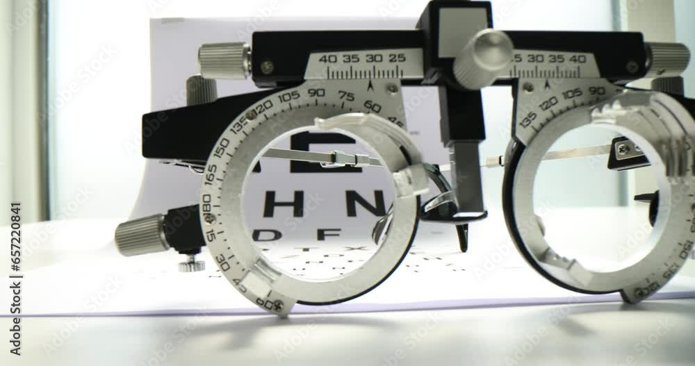 Glasses placed on paper Snellen chart to measure visual acuity. Medical