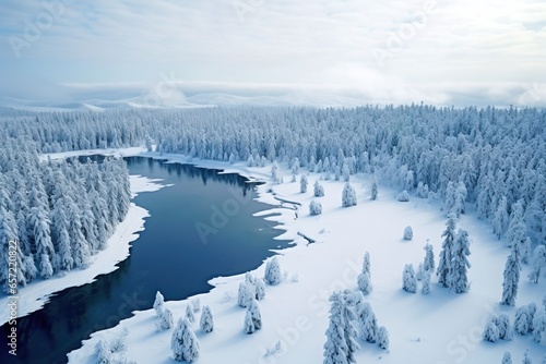 A river in the middle of a winter forest. View from above. Beautiful nature. Natural landscape. 