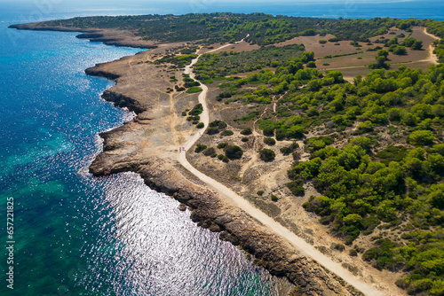 Cala Millor Mallorca shoreline with trail aerial viewduring sunny day